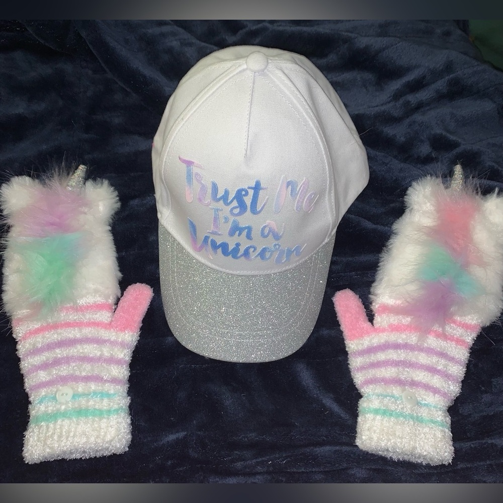 Justice Girls Unicorn Cap "Trust Me, I'm a Unicorn" Hat & Furry Unicorn Gloves